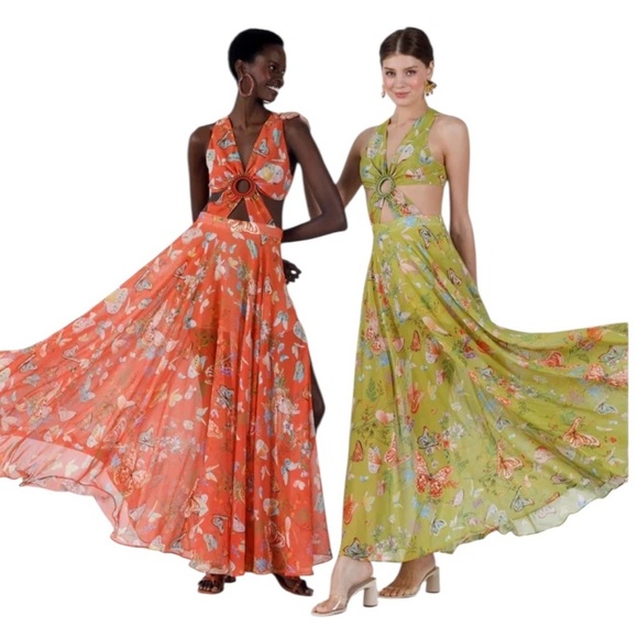 My Beachy Side Butterfly Begonia Cut Out Maxi Dress Romantic Gold Flame NWT - Picture 15 of 15